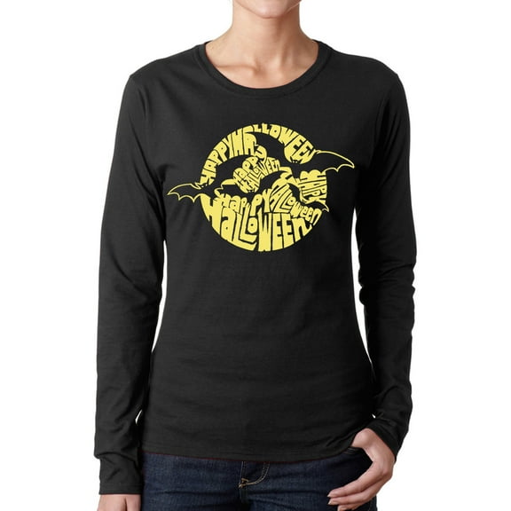 Women's Word Art Long Sleeve T-Shirt - Halloween Bats