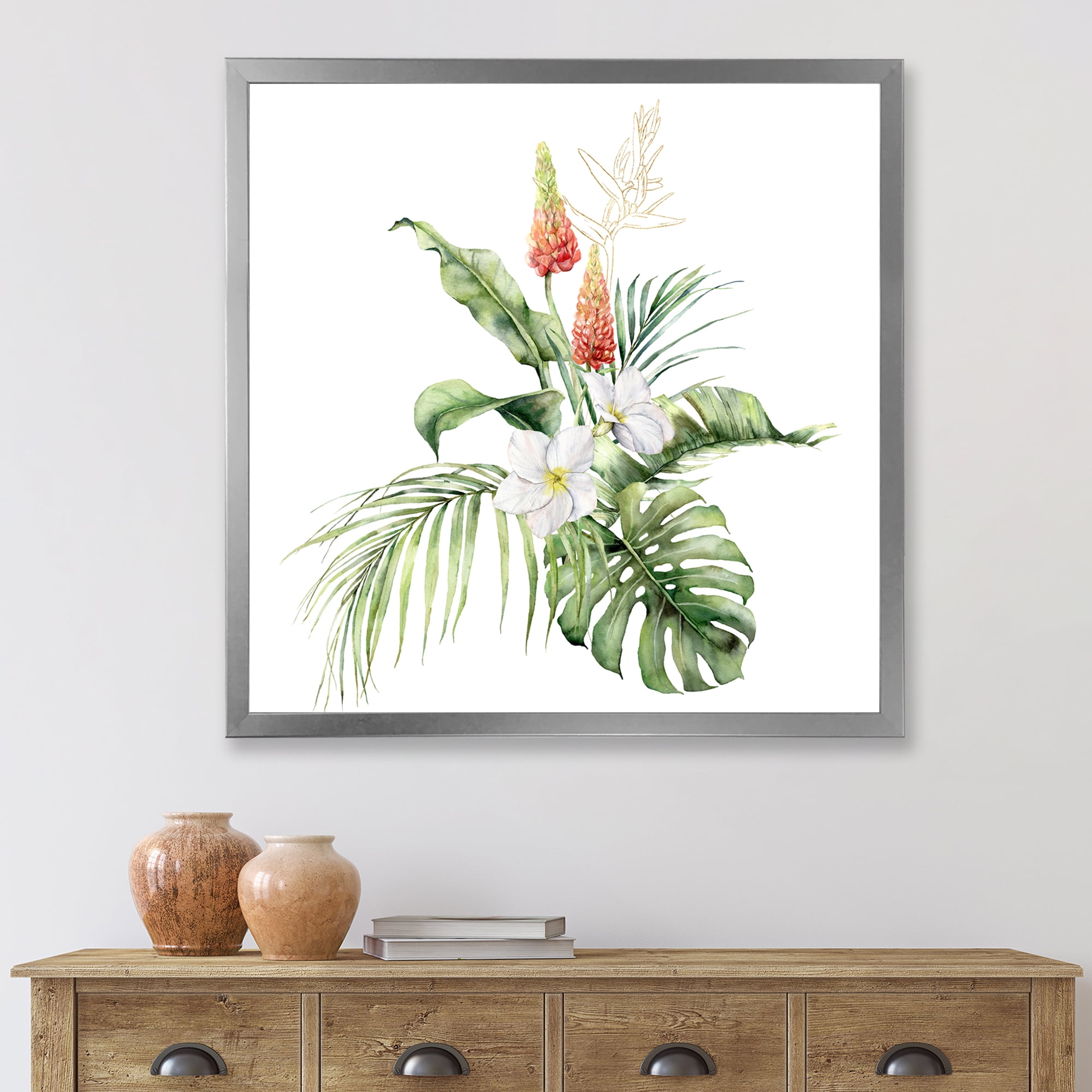 Designart 'Tropical Bouquet With Plumeria Lupine Palm Leaves' Traditional Framed Art Print