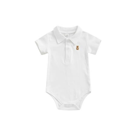 

Canrulo Unisex Newborn Baby Boy Girl Polo Bodysuit Buttons Lapel Short Sleeve Embroidery Bear Romper Jumpsuit Clothes White 6-9 Months