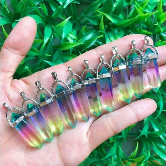 QQTDFG 10pcs Rainbow Glass Pendant Gemstone Natural Point Hexagon Crystal Chakra bead-default
