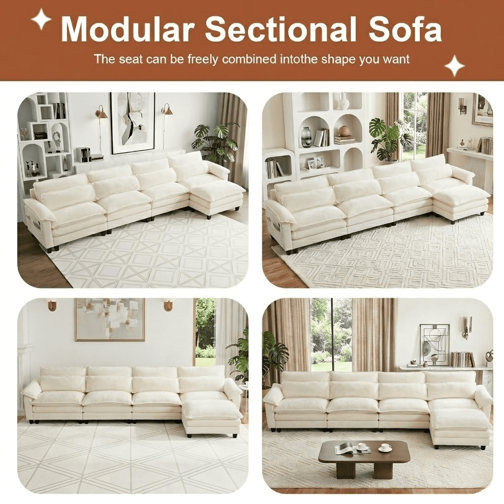 Howcool 148" Modular Sectional Sofa , 4 Seater L-Shaped Cloud Couch with Movable Ottoman, USB Charging Ports & Side Pockets, Sectional couchs for Living Room,Chenille Fabric,Beige