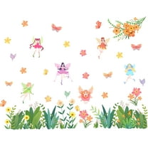 Flower Fairy Wall Decals Colorful Floral Butterfly Wall Stickers Green Grass Peel and Stick Wall Mural Animal Removable Vinyl Window Clings for Girls Bedroom Classroom Mixed Color