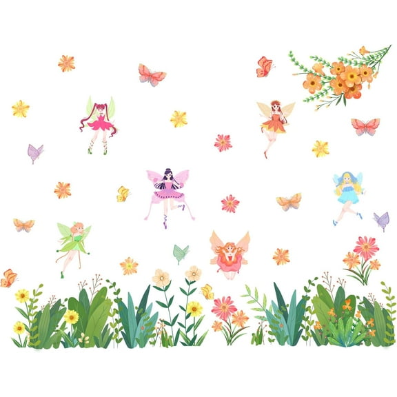 Flower Fairy Wall Decals Colorful Floral Butterfly Wall Stickers Green Grass Peel and Stick Wall Mural Animal Removable Vinyl Window Clings for Girls Bedroom Classroom Mixed Color