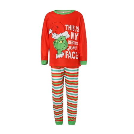 

TSEXIEFOOFU Christmas Parent-child Pajamas Cartoon Letter Print Long Sleeve Round Neck T-shirt Striped Pants