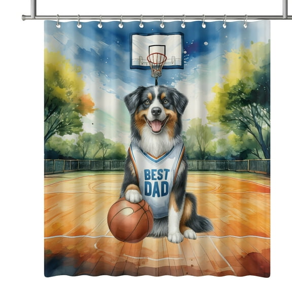 Happy Father's Day Australian Shepherd Playing Basketball with Best Dad Jersey Shower Curtain Aussie Dog Lover Gifts Waterproof Bathroom Bathtub Curtain - 13006