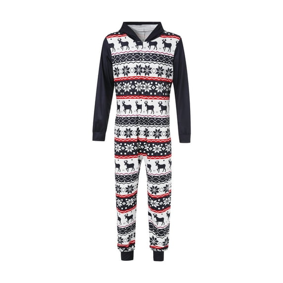 KelaJuan Family Christmas Parent-child Hooded Jumpsuit Print Zipper Long One-piece Pajamas