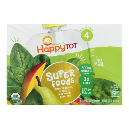 Happy Tot Organic Baby Food (8 Pouches) Happy Tot Super Foods Pouches Orgnanic Pears, Mangos & Spinach + Super Chia, 4.22 OZ ()