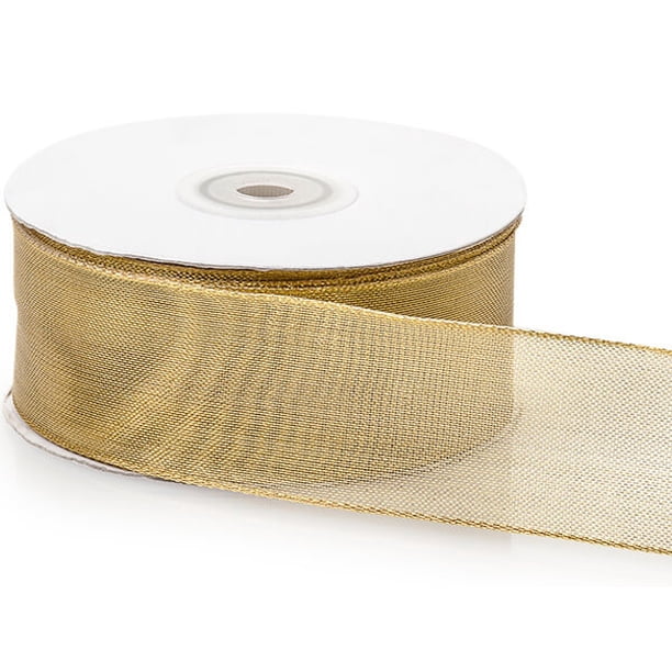 Pack of 1 solid gold wired metallic mesh ribbon 1 5 x 25 yards