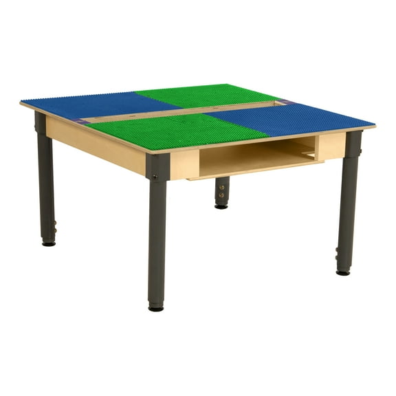 Time-2-Play Kids Birch Plywood Square Lego Compatible Play Table 35"W with 18”-29” Adjustable Legs, Montessori Building Blocks Desk with Trough and Shelf [Blue and Green]