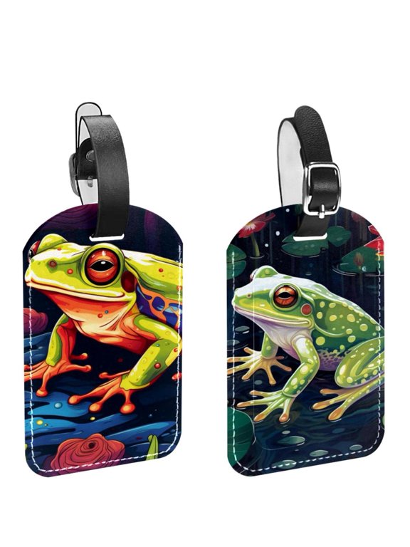 Square 2Pack PU Leather Frog Cruise Luggage Tag with Privacy Cover and Name ID Tag for Travel Handbags Backpacks Luggage Tags