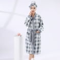 thumbnail image 2 of Htigea Womens Bathrobe with Hair Towel Plaid Long Sleeve Belted Robes Fleece Shower Wrap Gown for Winter Gray,Free Size, 2 of 5