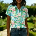 thumbnail image 4 of Women Hawaiian Beach Shirt Soft Cool Tropic Print Short Sleeve V Neck Button Down Vacation Tops Green 2XL, 4 of 5
