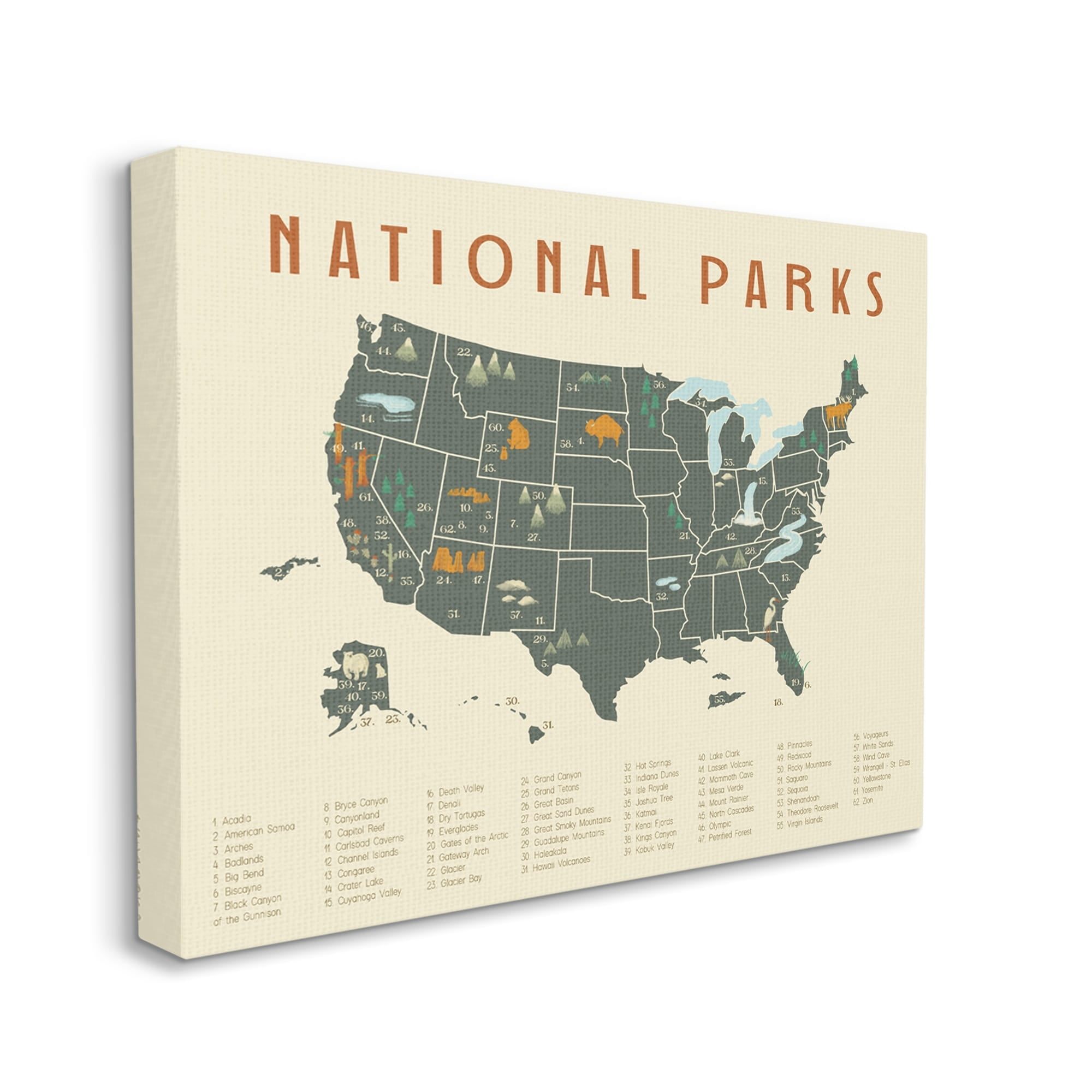 Stupell Industries United States National Parks Adventure Map Green Orange, 20 x 16, Design by Daphne Polselli