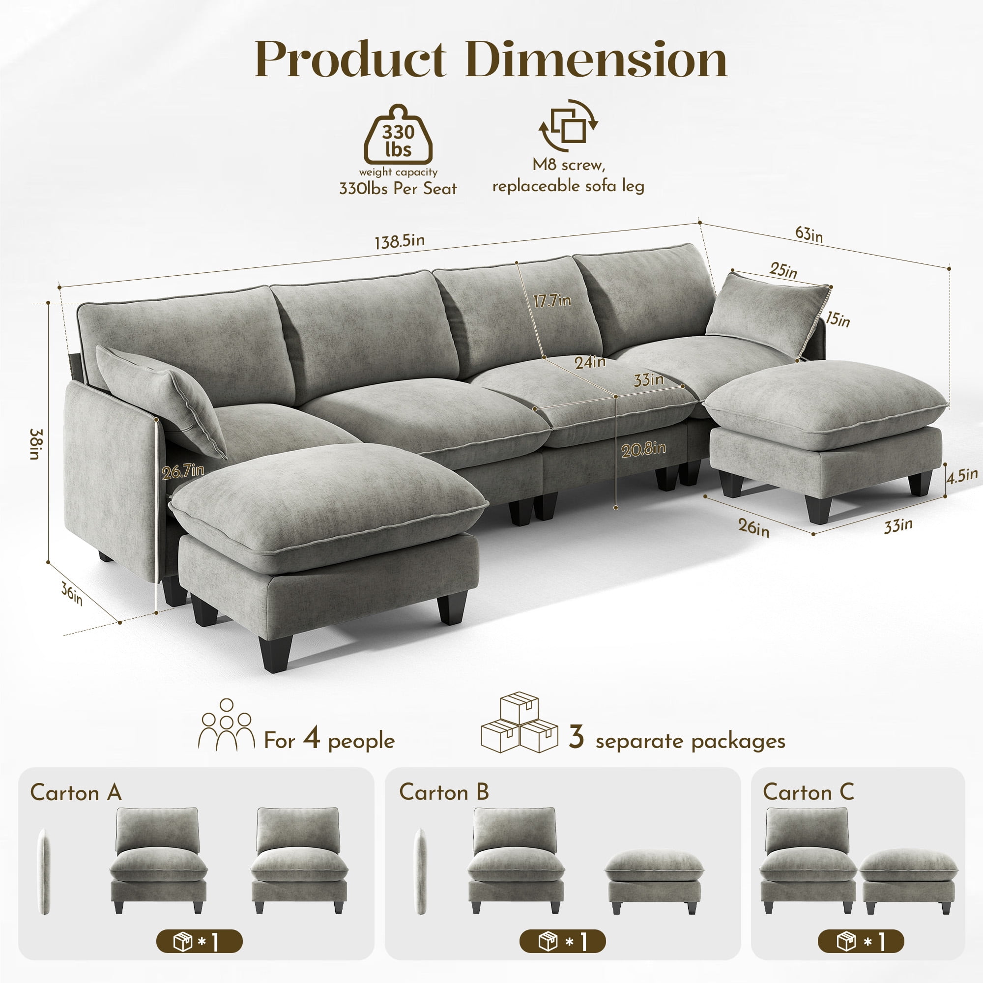 BedLuxury 138" Modular Sectional Sofa with Movable Ottoman,U shaped Deep Seat Cloud Couch for the Living Room, 4-Seat,Grey