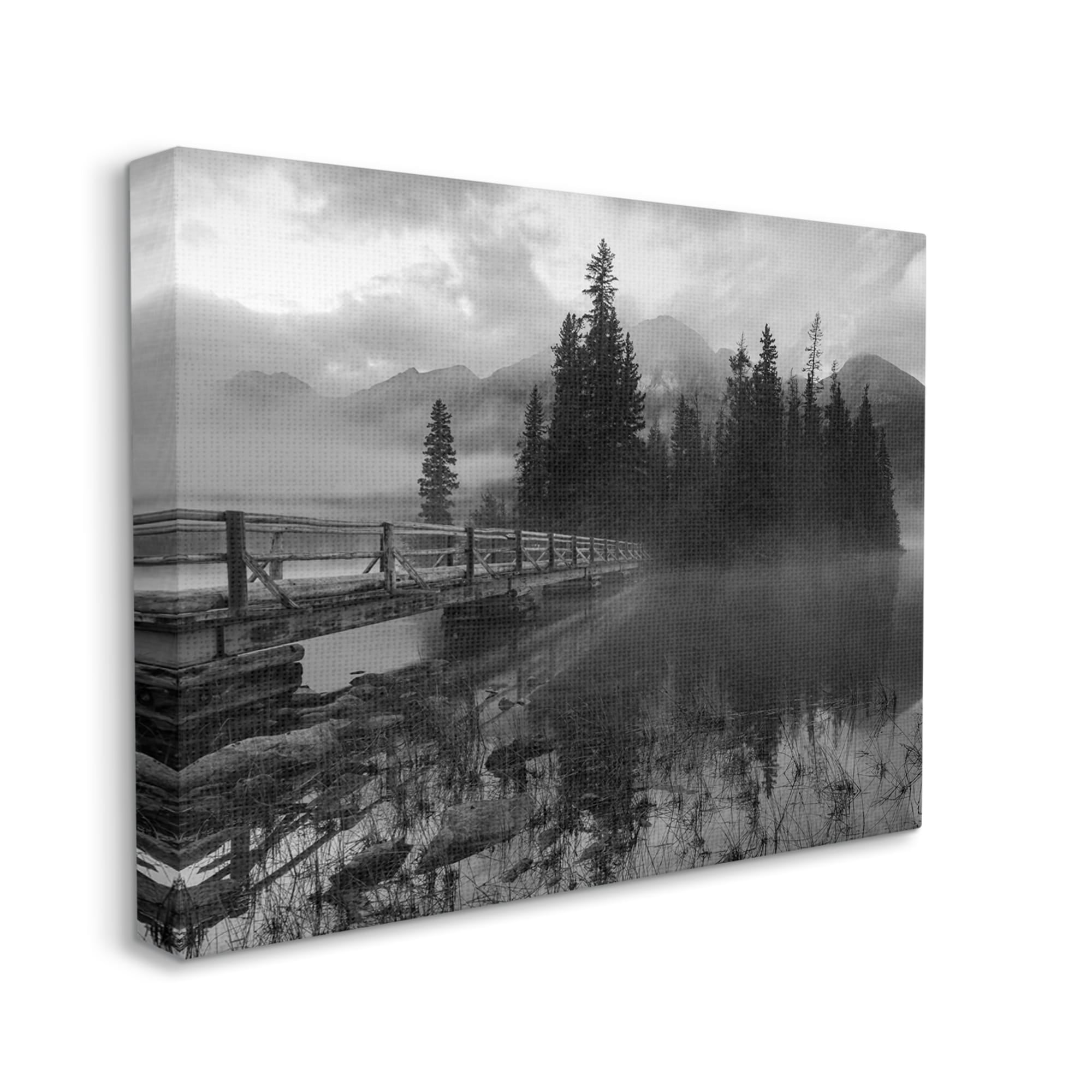 Stupell Industries Black & White Cloudy Scenery Lake Bridge Foggy Mountains Canvas Wall Art, 30 x 24, Design by Daniel Sproul