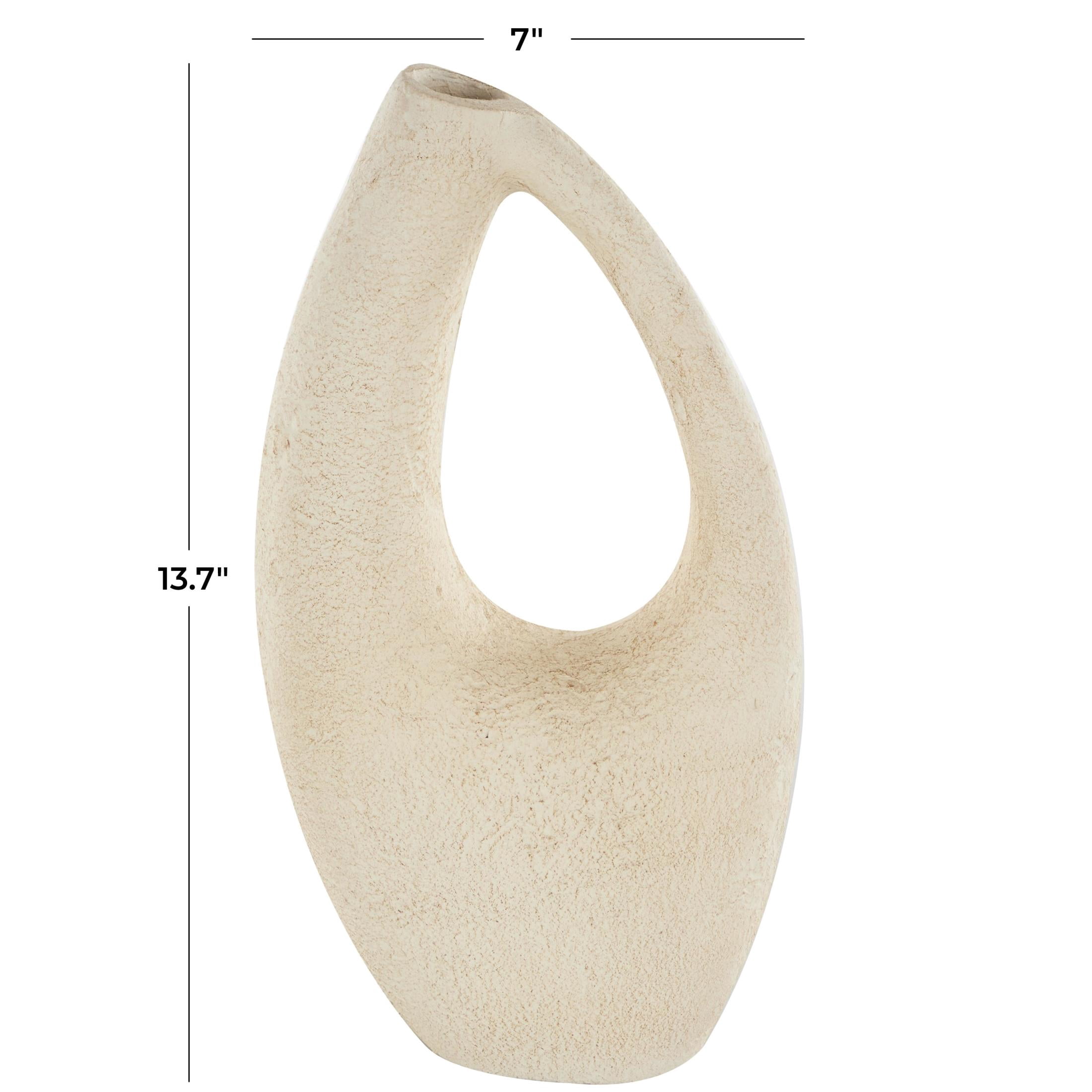 DecMode 14" Abstract Curved Cutout Cream Paper Mache Vase with Brown Distressed Texturing