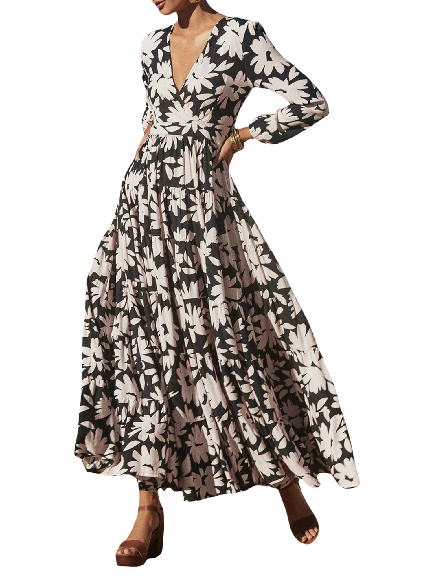 Frobukio Women Long Dress, Long Sleeve Vneck Contrast Color Fall Slit