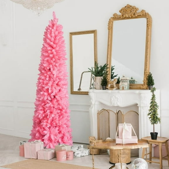 7.5FT Snowy Pink Slim Pencil Christmas Tree - 1075 PVC Branch Tips Flame-Retardant Space-Saving for Apartment/Office