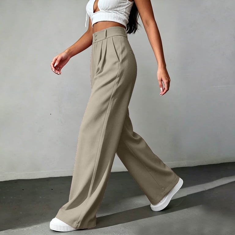 ladies summer dress pants Ailaofu Women's High Waist Pleated Wide Leg with Button Closure, Loose Business Casual Trousers for Office 3747W