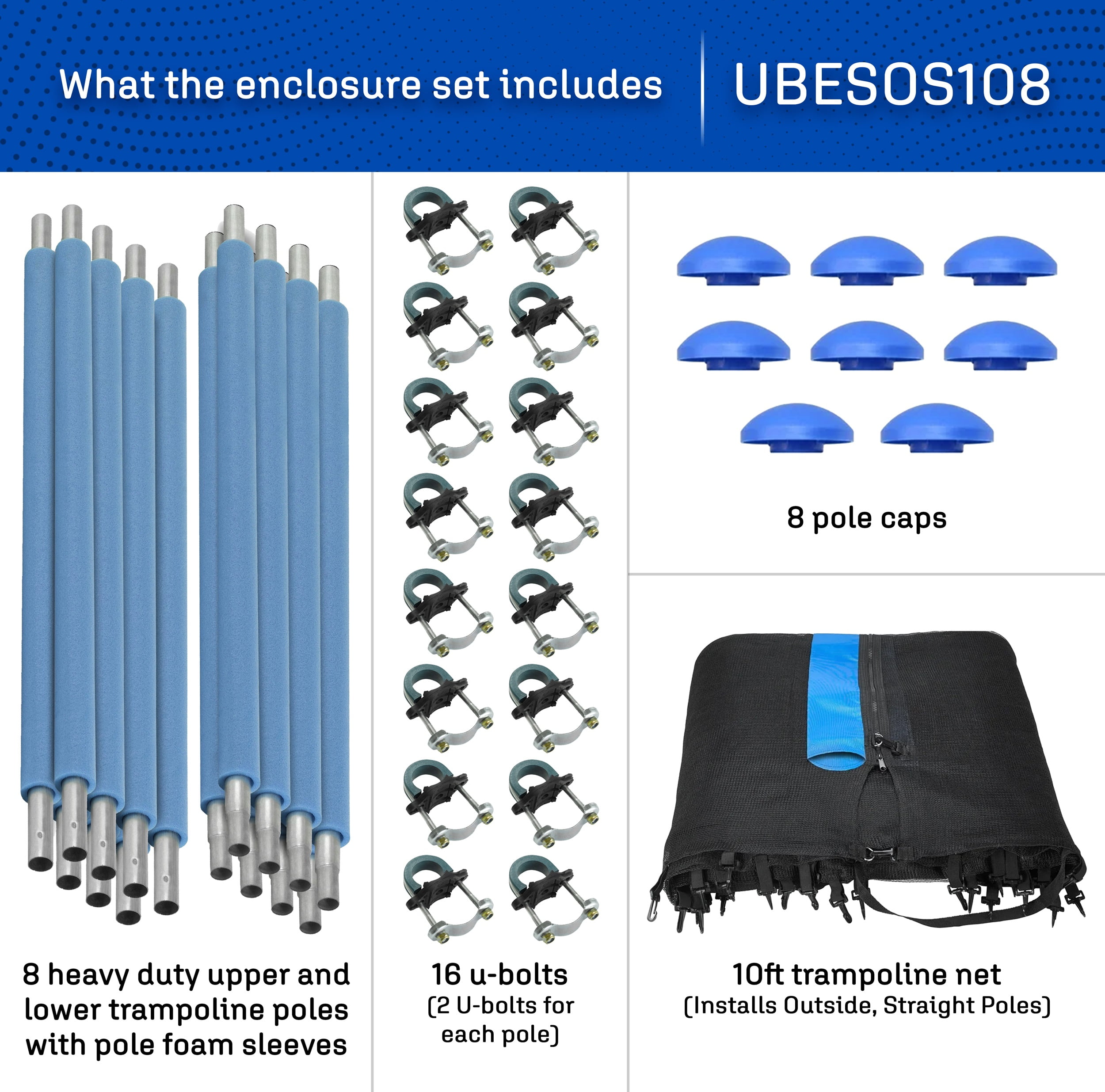 Machrus Upper Bounce Trampoline Safety Enclosure Set including Trampoline Net, 8 Trampoline Poles, Caps and Trampoline Pole Foam Sleeves - For 10ft Round Trampoline Frame - Installs Outside the Frame