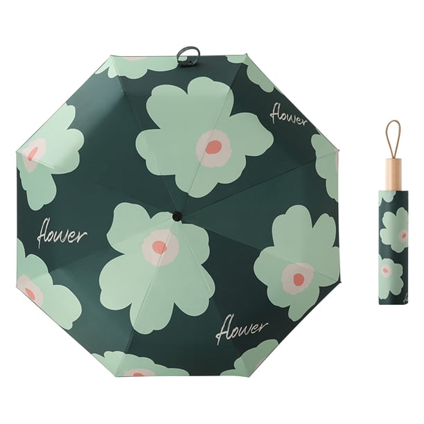 Paraguas plegable con estampado de flores, protección UV, plegable, brillo de lluvia, doble uso, para viajar, verde negruzco