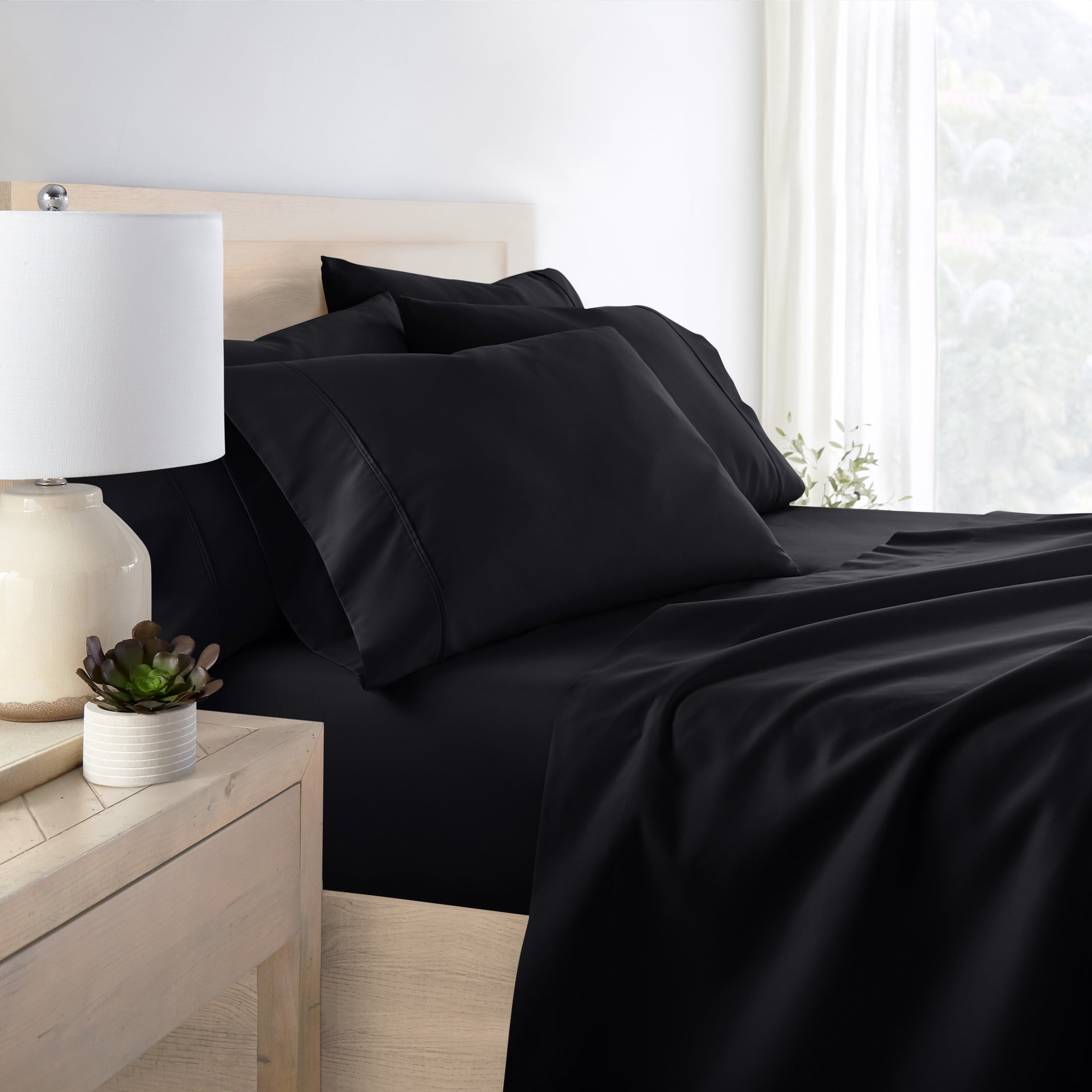 Queen, Black Solid Microfiber 6 Piece Bed Sheet Set, by Noble Linens