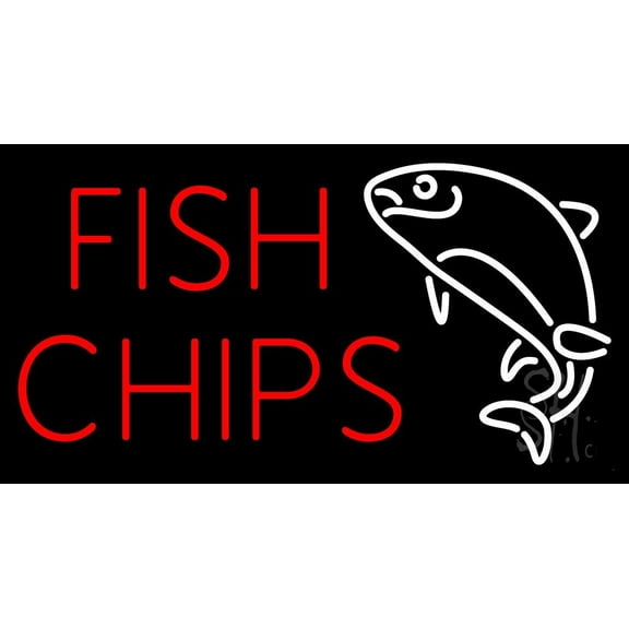 Fish Chips Block LED Neon Sign 13 x 24 - inches, Clear Edge Cut Acrylic Backing, with Dimmer - Bright and Premium built indoor LED Neon Sign for restaurant window and interior decor.