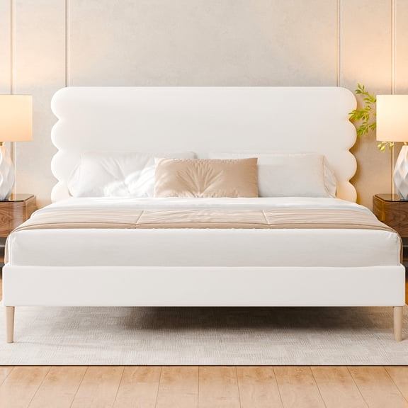 Velvet Henley Upholstered Scalloped Bed,King Size Bed Frame with Headboard,No Box Spring Needed,White