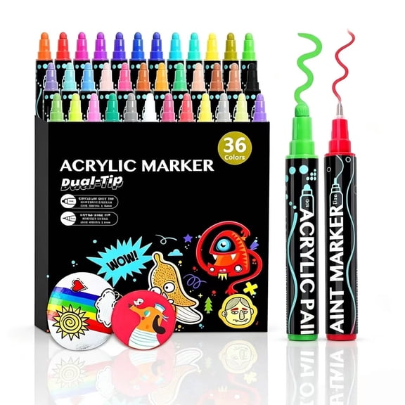 Acrylic Paint Pens Markers, 36 Colors Dual Tip Acrylic Paint Pens for Rock Painting, Wood, Canvas, Stone, Glass, Ceramic Surfaces, DIY Crafts Making Art Supplies (Round Tip and Fine Tip)