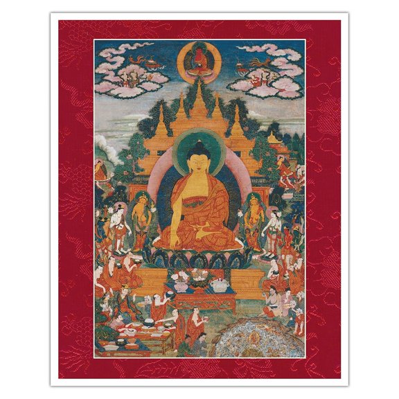 Shakyamuni Buddha's Miracles - Vintage Tibetan Thangka Buddhist Painting - Tibet, 18th Century - Fine Art Matte Paper Print (Unframed) 16x20in