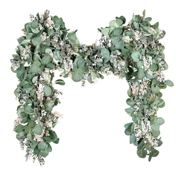 Scidweet Greenery Eucalyptus Garland, 6.56 ft Silver Dollar Leaves Boxwood with White Buds Artificial Faux Greenery Vines for Baby Shower Wedding Party Table Runner Room Home Mantle Decor