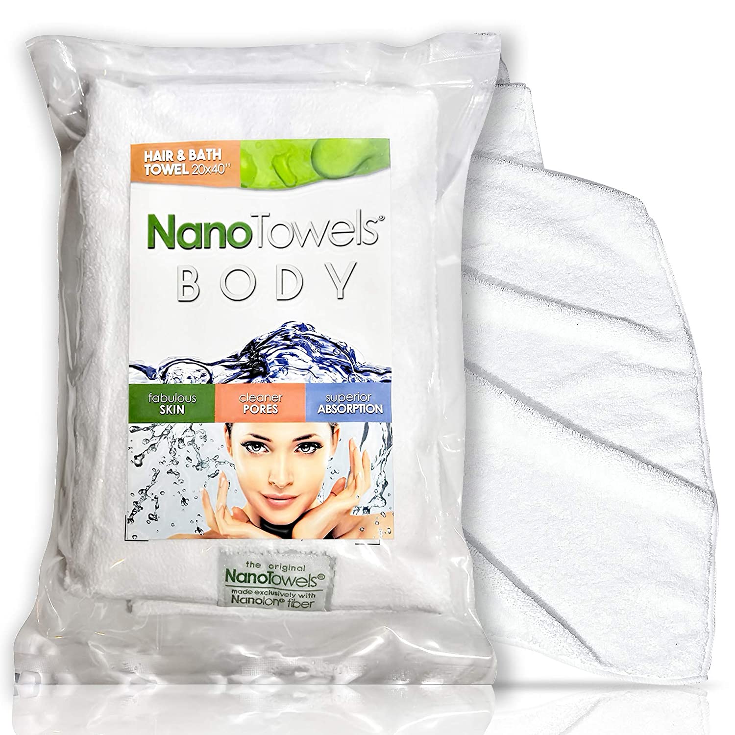 Nano Towels Body Bath & Shower Hair Towel 20x40 White - Super Absorbent. Wipes Away Dirt, Oil and Cosmetics. Use As Your Sports, Travel, Fitness, Kids, Beauty, Spa or Solon Luxury Towel - image 1 of 4