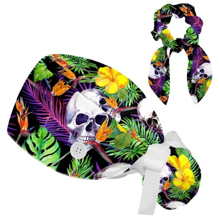 

Working Cap with Buttons and Sweatband Scrub Hat Bouffant Caps with Scrunchie Skull Tie Back Hats