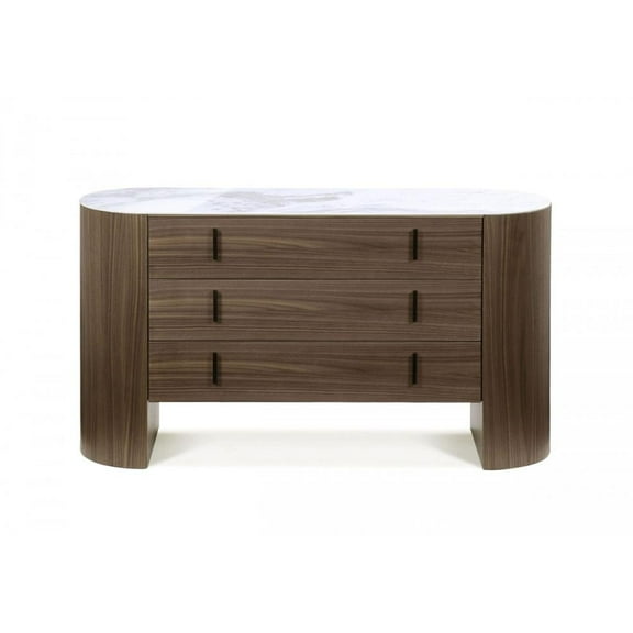 55" Walnut Marble Solid And Manufactured Wood Three Drawer Dresser