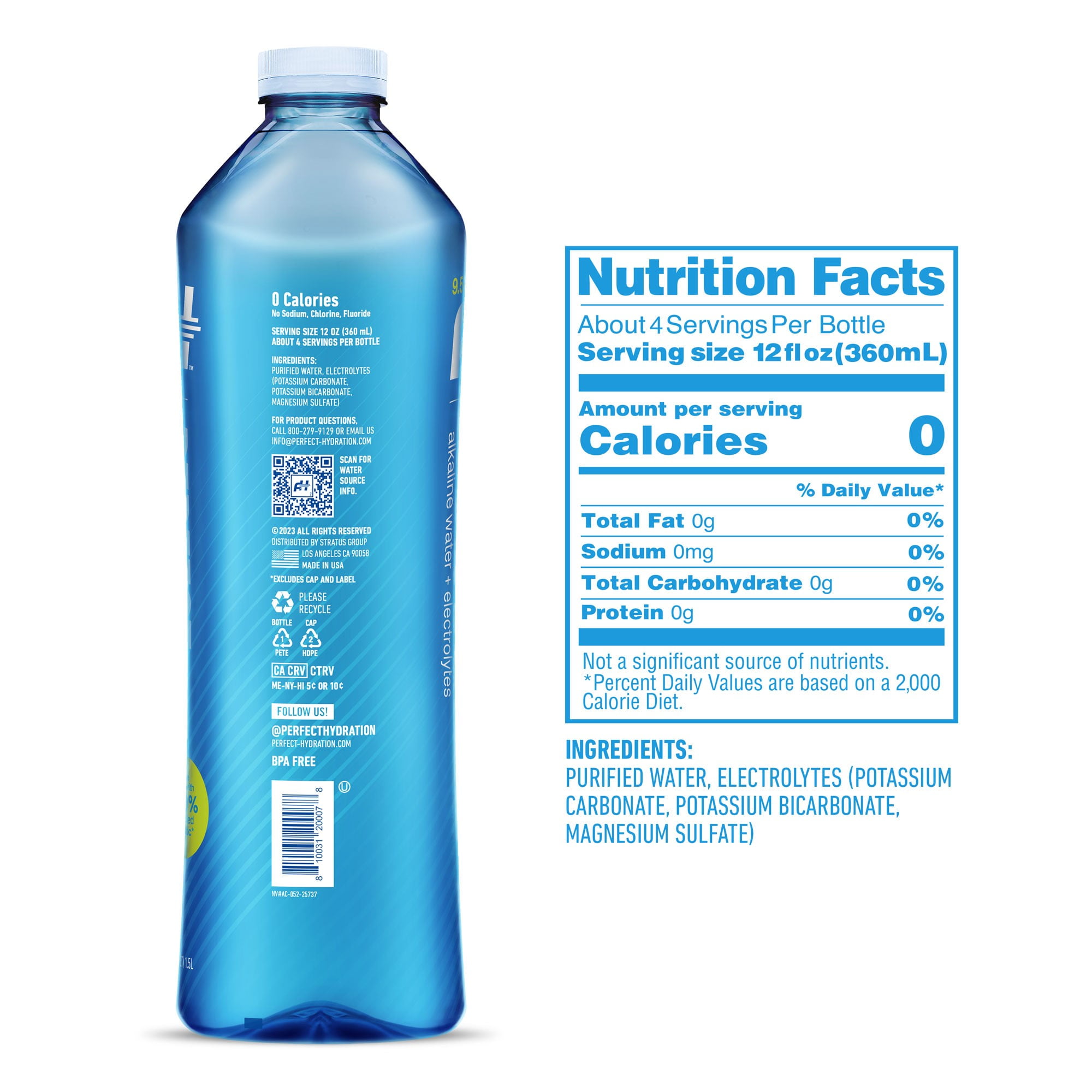 Perfect Hydration 9.5 pH Alkaline Water, Electrolytes for Taste, Bottles Made with 100% Recycled Plastic, 1.5-Liter, Case of 12 Bottles, 2 Cases