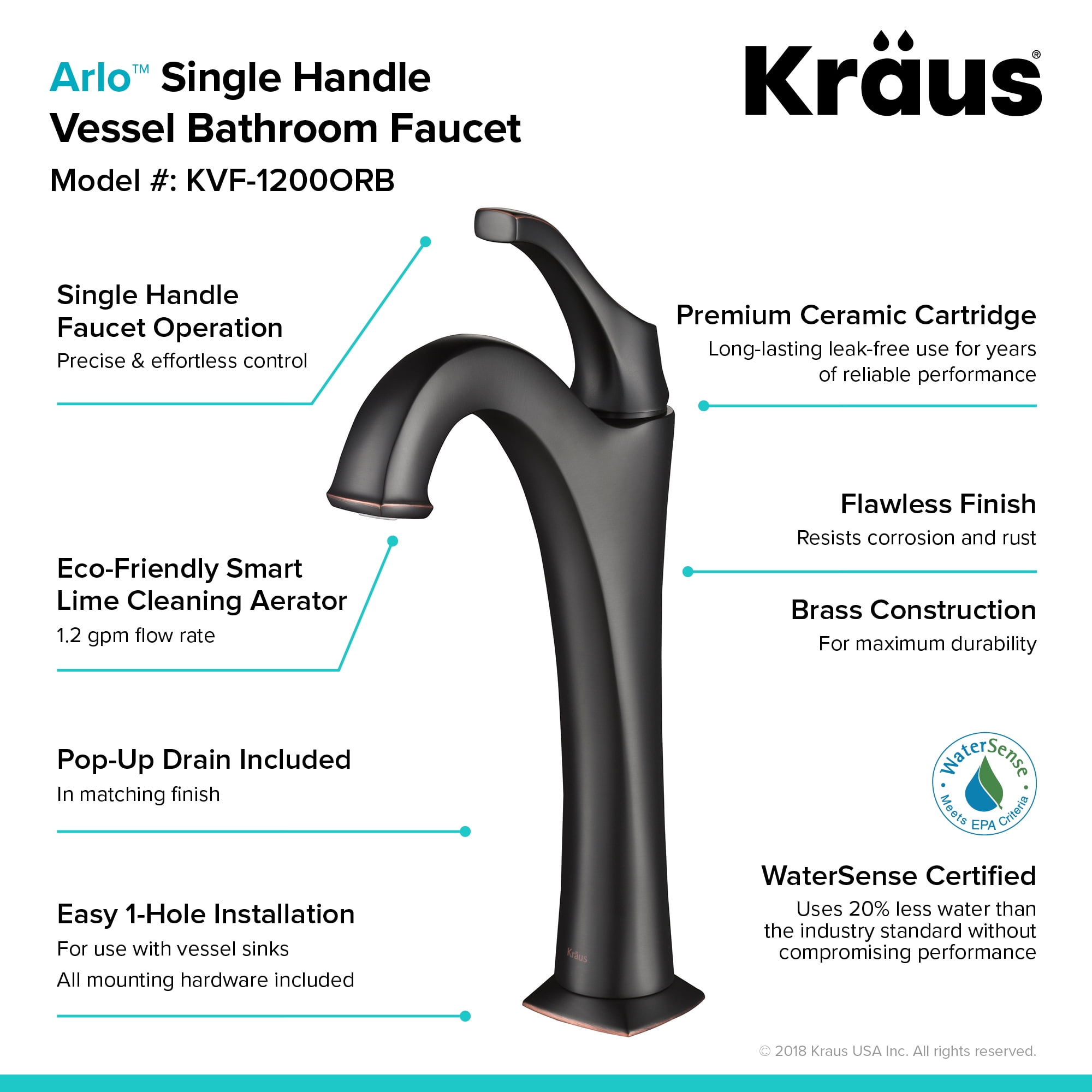 KRAUS Elavo 14-inch Round White Porcelain Ceramic Bathroom Vessel Sink and Arlo Faucet Combo Set with Pop-Up Drain, Oil Rubbed Bronze Finish