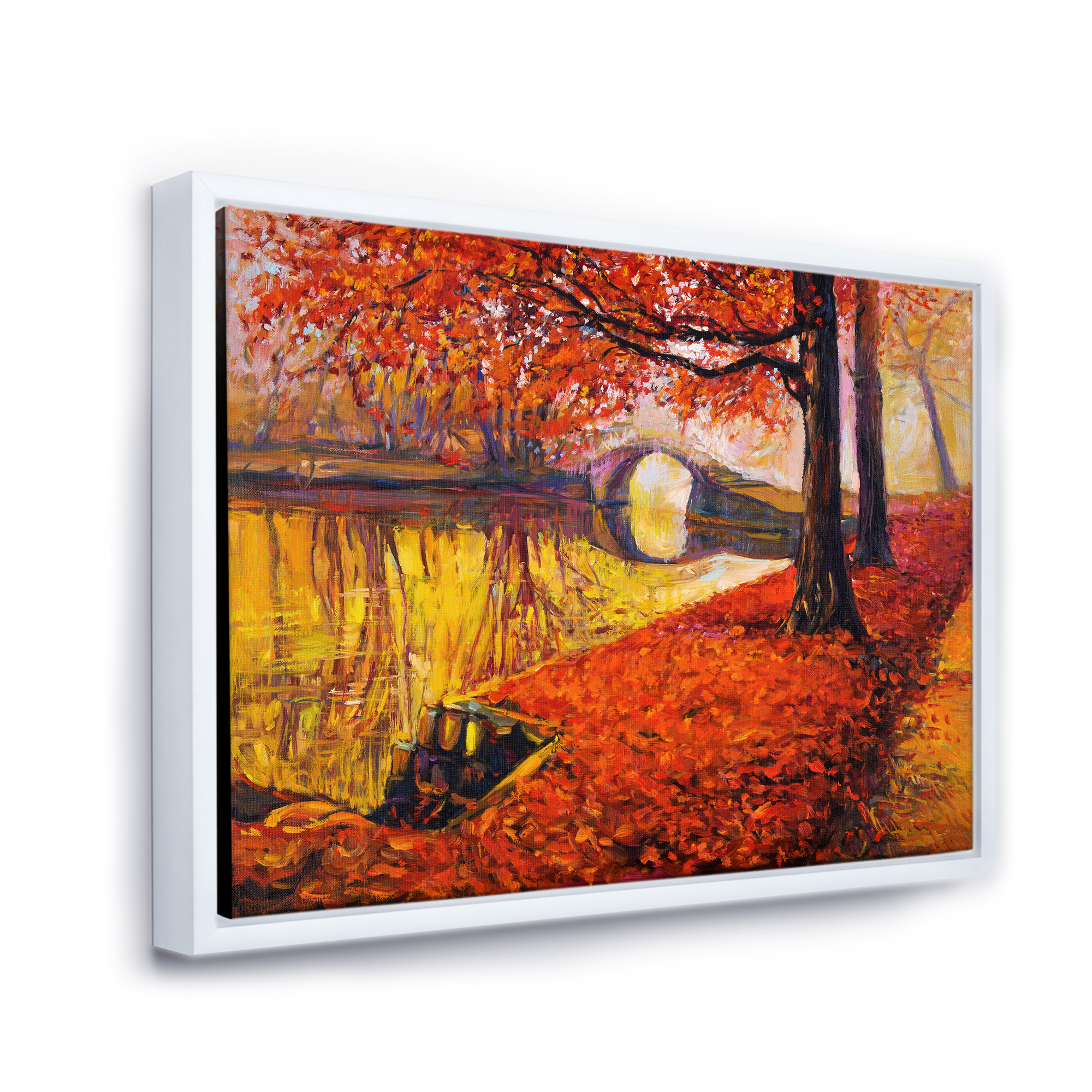 Designart 'Little Bridge In Deep Orange Autumn Landscape I' Traditional Framed Canvas Wall Art Print