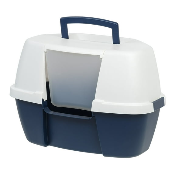IRIS Large Corner Cat Litter Box with Lid | Enclosed Design, Handle & Buckles, Navy/White