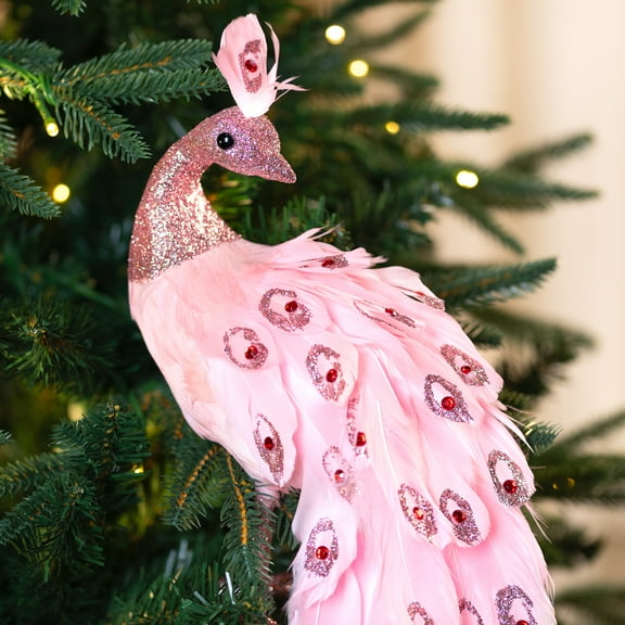 Northlight Peacock with Glitter and Faux Jewels Christmas Decoration - 20" - Light Pink