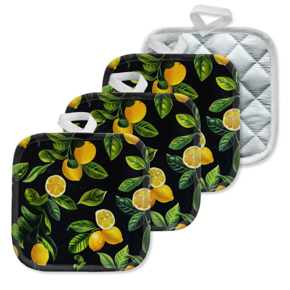 4 Pack Pot Holders,Kitchen Essential, Potholder Set,Repeating Lemon Pattern With Leaves On A Black Background