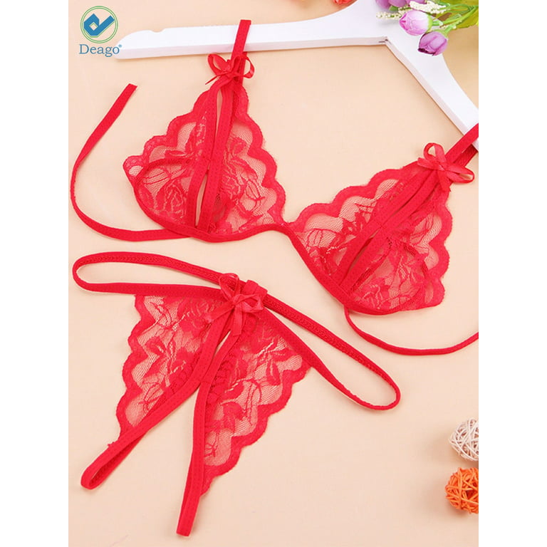Deago Women Sexy Lingerie Nightwear Two Piece Babydoll Bra Panty G-String  Underwear Set (Red, L) 