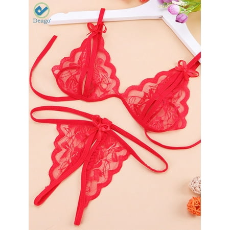 Deago Women Sexy Lingerie Nightwear Two Piece Babydoll Bra Panty G-String Underwear Set (Red  M)