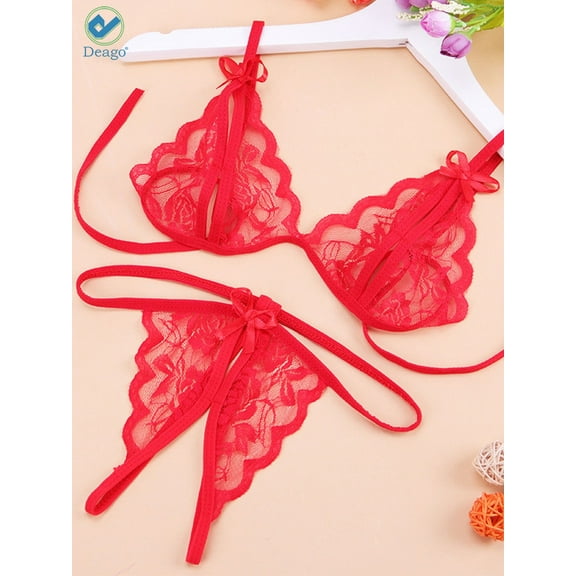 Deago Women Sexy Lingerie Nightwear Two Piece Babydoll Bra Panty G-String Underwear Set (Red, L)