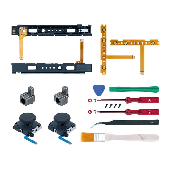 Mcbazel 18 in 1 Replacement Repair Kit for NS Joy-Con with Screwdrivers Opening Tool, 3D Left Right Analog Joysticks, Buckle Lock, Charging Port Slider, Button Sync Flex Cable Set