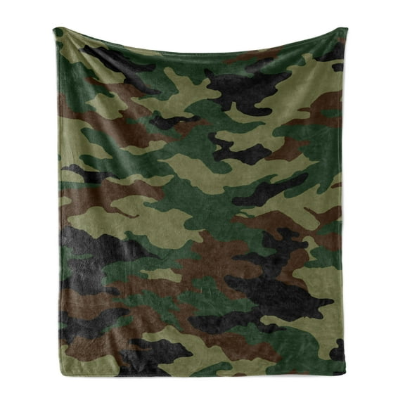 Camo Soft Flannel Fleece Throw Blanket, Graphic Uniform Inspired Camouflage Clothing Design, Cozy Plush for Indoor and Outdoor Use, 50" x 60", Green Brown Forest Green, by Ambesonne