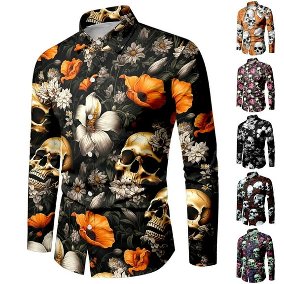 Halloween Shirts for Men Full Skeleton Floral Print Funny Button Down Lapel Long Sleeve Tops Fall Winter Outdoor Activities Mens Shirts Black L