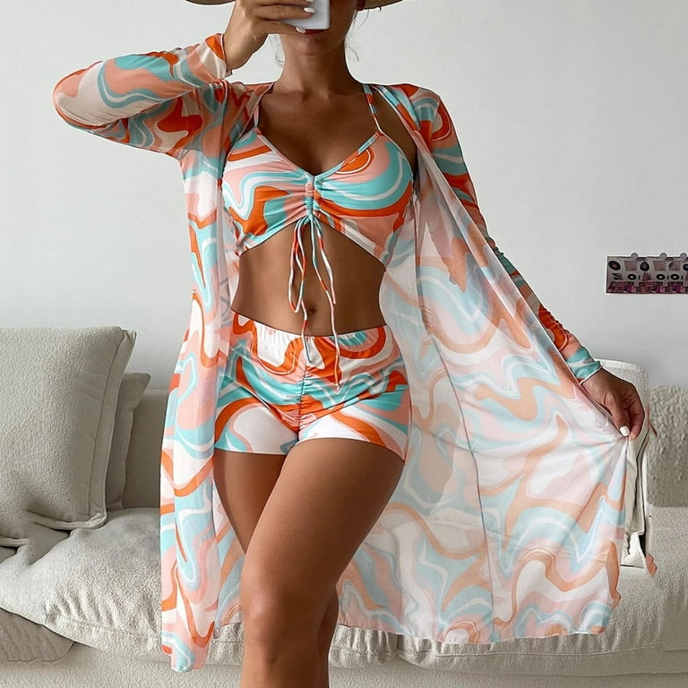 fartey Women's 3 Piece Swimsuit Tropical Print Drawstring Bandeau Bathing  Suit Summer Bikini Set with Kimono Cover Up Set for Beach Party Vacation 