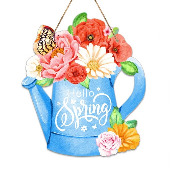 XIBUFE Hello Spring Front Door Decor,Floral Watering Can Hanging Door Sign Spring Decorations,Front Door Sign,Door Decorations Hanging for Home Spring Summer Outdoor Decor