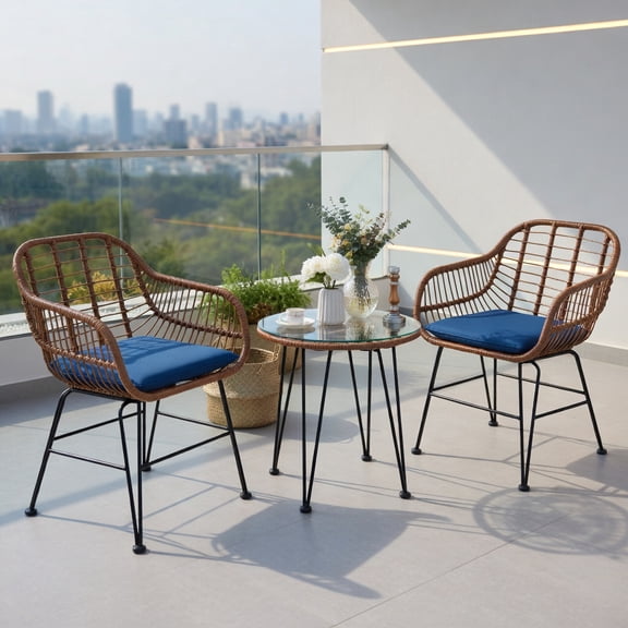 Resenkos 3-Piece Wicker Patio Bistro Set with Navy Cushions – Steel Frame Armchairs & Tempered Glass Table for Outdoor Living