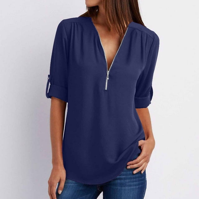TIMIFIS Mode Automne pour Femmes Chemises d'Été à Manches Longues pour Femmes Tunique Décontractée à Fermeture Éclair Col en V Blouse à Manches Roulables Hauts Blouses pour Femmes